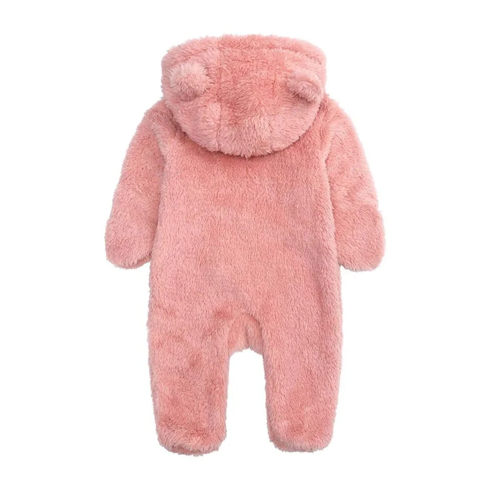 Warm Newborn Pink Baby Snowsuit Cotton Fleece Hooded Romper Bear Pattern 0-3M